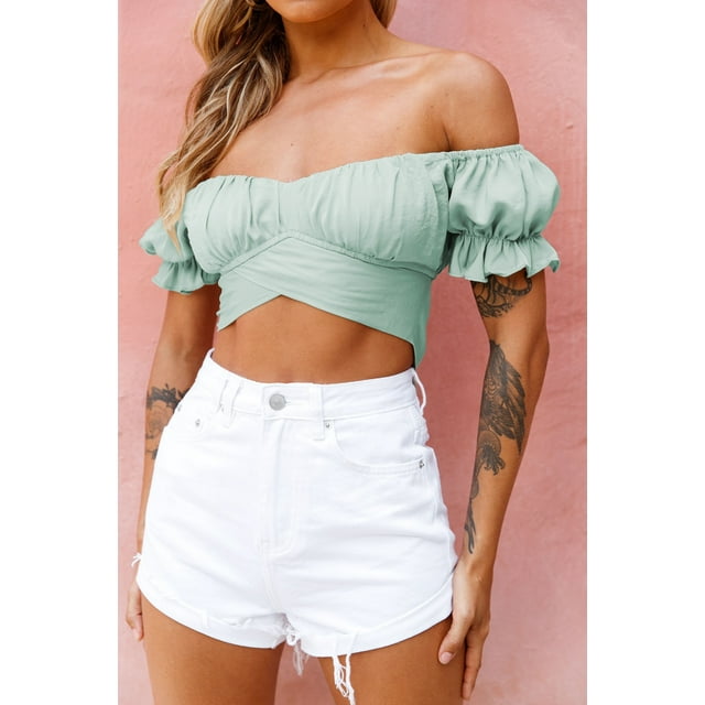 Women's Ruffle Short Sleeve Tie Up Back Crop Top Off Shoulder Bardot Blouse,Mint Green,L