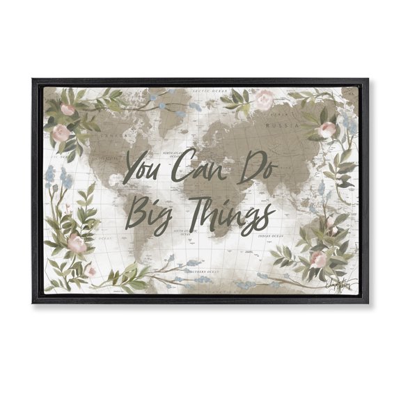 Stupell Industries Inspirational Floral Map Plants & Flowers Painting Black Floater Framed Canvas Art Print Wall Art, 25 x 17