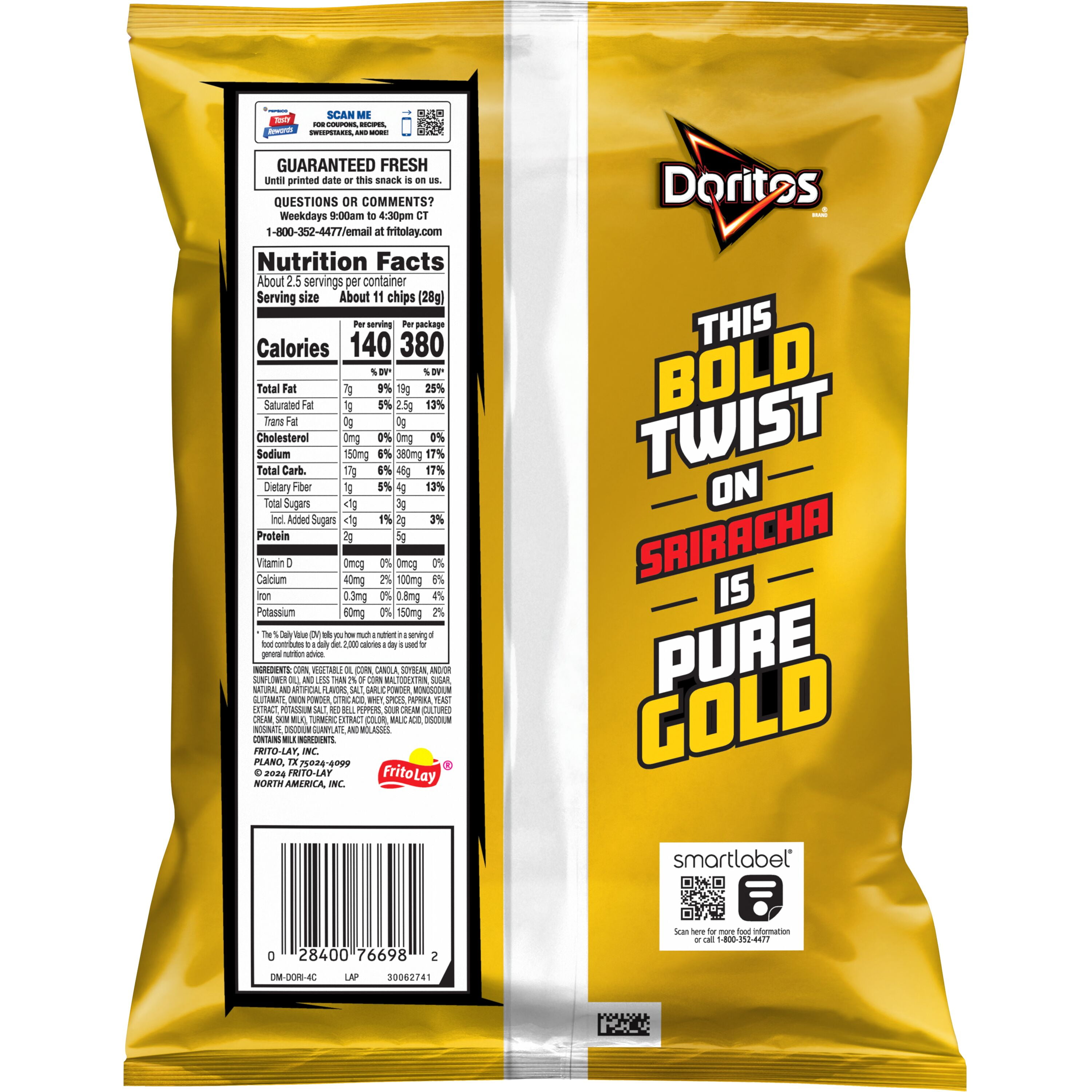 Doritos Flavored Tortilla Chips Golden Sriracha Flavored 2.625 oz Bag