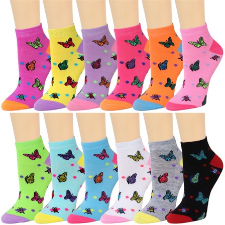 12 Pairs Assorted Colors Butterfly Designed Women Novelty Ankle Socks