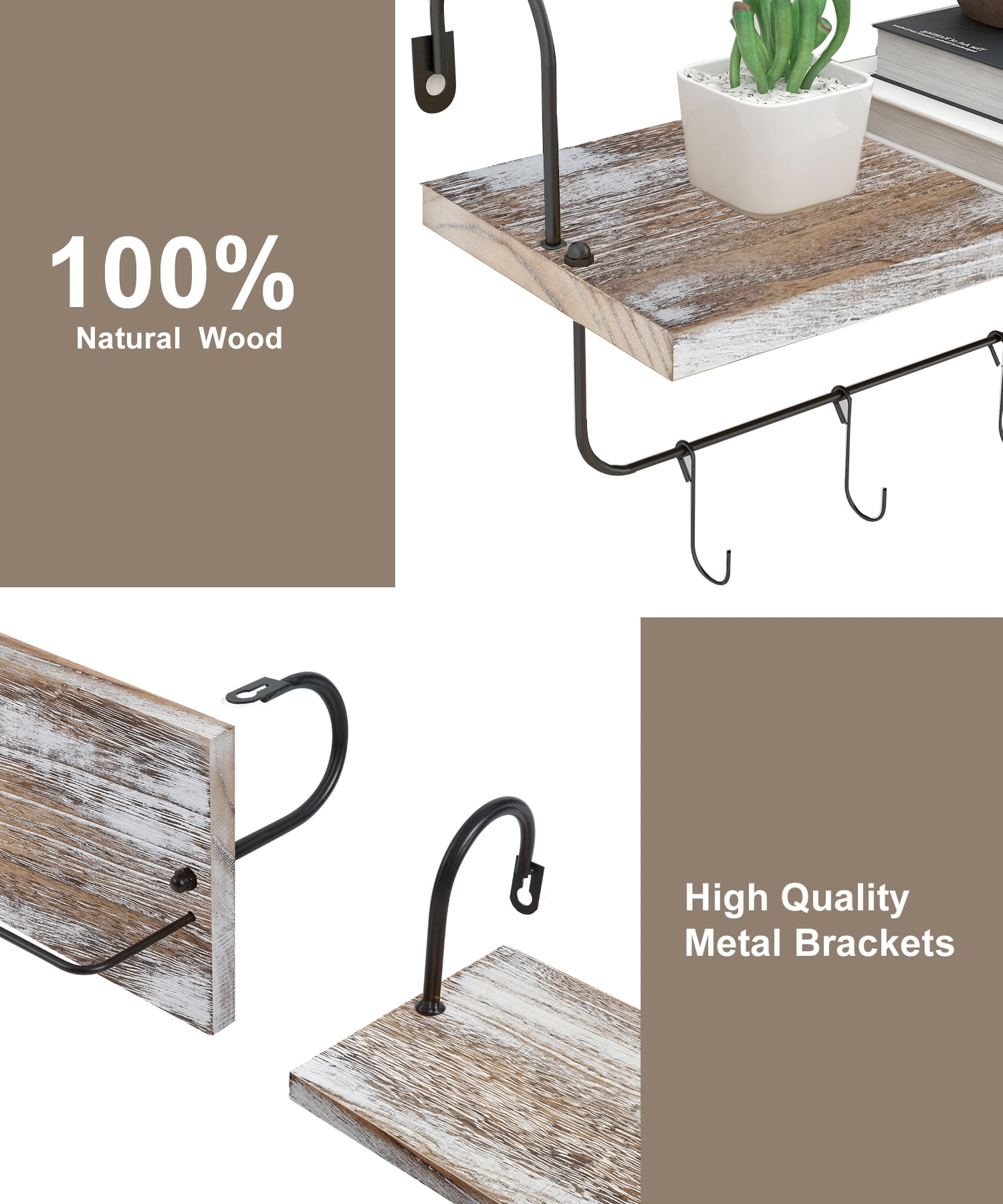 Afuly Wall Shelf with Hooks, Solid Wood Coffee Mug Holder Coffe Bar Organizer, Wall Mounted Farmhouse Kitchen Storage Rack ( 16", Set of 2, White)