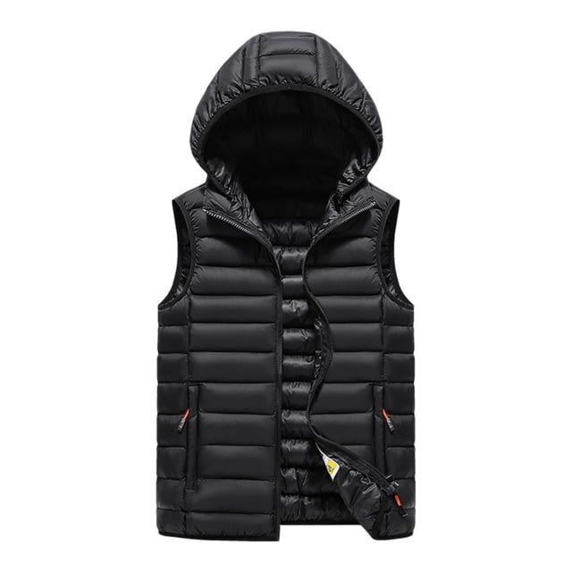 YIFUNIN Men's Ribbed Pattern Vest, Casual Fashionable Sleeveless Cotton Jacket, Solid Color Fitted Hooded Waistcoat for Layering in Fall,Black,L