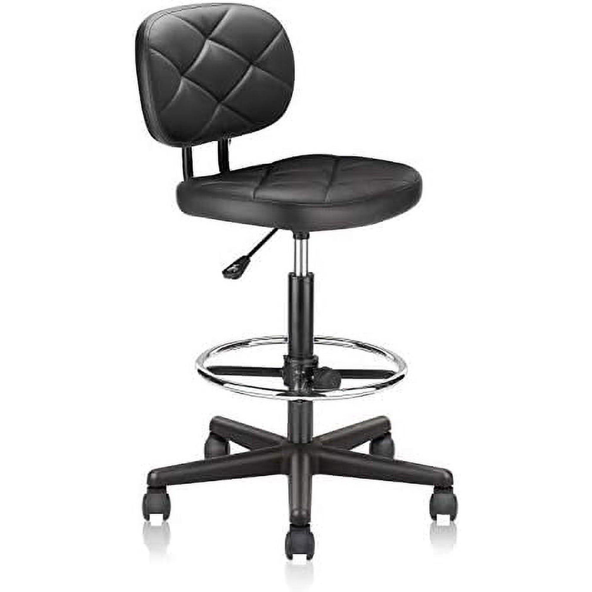 PU Leather Rolling Bar Stool with Wheels and Back, Tall Drafting Stool with Adjustable Height and Footrest, Multi-Purpose Office Desk Chair for Home Kitchen Shop Work, Black (1PK)