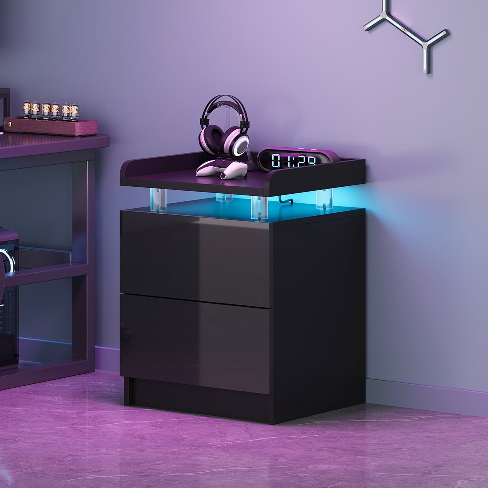 BaPiPro LED 18" Nightstand Set of 2, Modern LED End Table with 2 Drawers, Bedside Table with Lighting for Bedroom, Living Room, Black