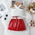 thumbnail image 4 of Coming Home Outfit Girl Strap Sleeveless Ribbed T Shirt Top Pu Leather Skirts With Belt 3Pcs Cotton Suit Toddler Summer Clothes Girls Red 2 Years-3 Years, 4 of 7