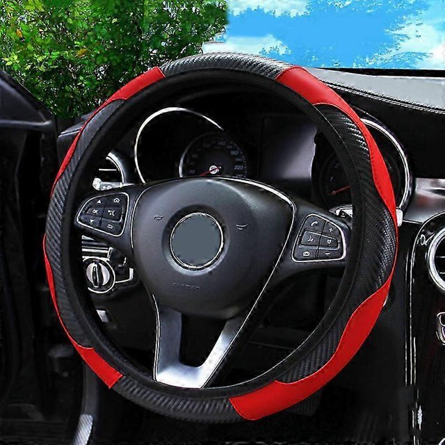 Funda para volante de coche ZHAOCHENG Fibra de carbono transpirable antideslizante negro y rojo