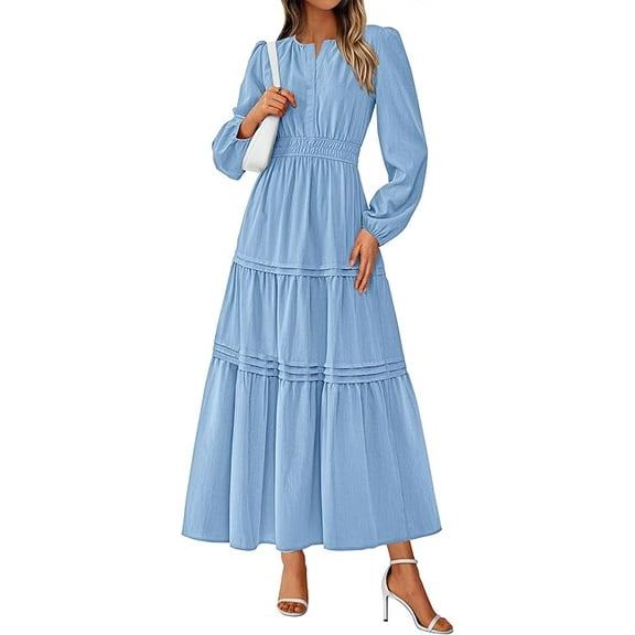 PRETTYGARDEN Women's Elegant Maxi Dresses Long Sleeve V Neck Flowy Pockets Casual Modest Dress Fall Fashion Clothes
