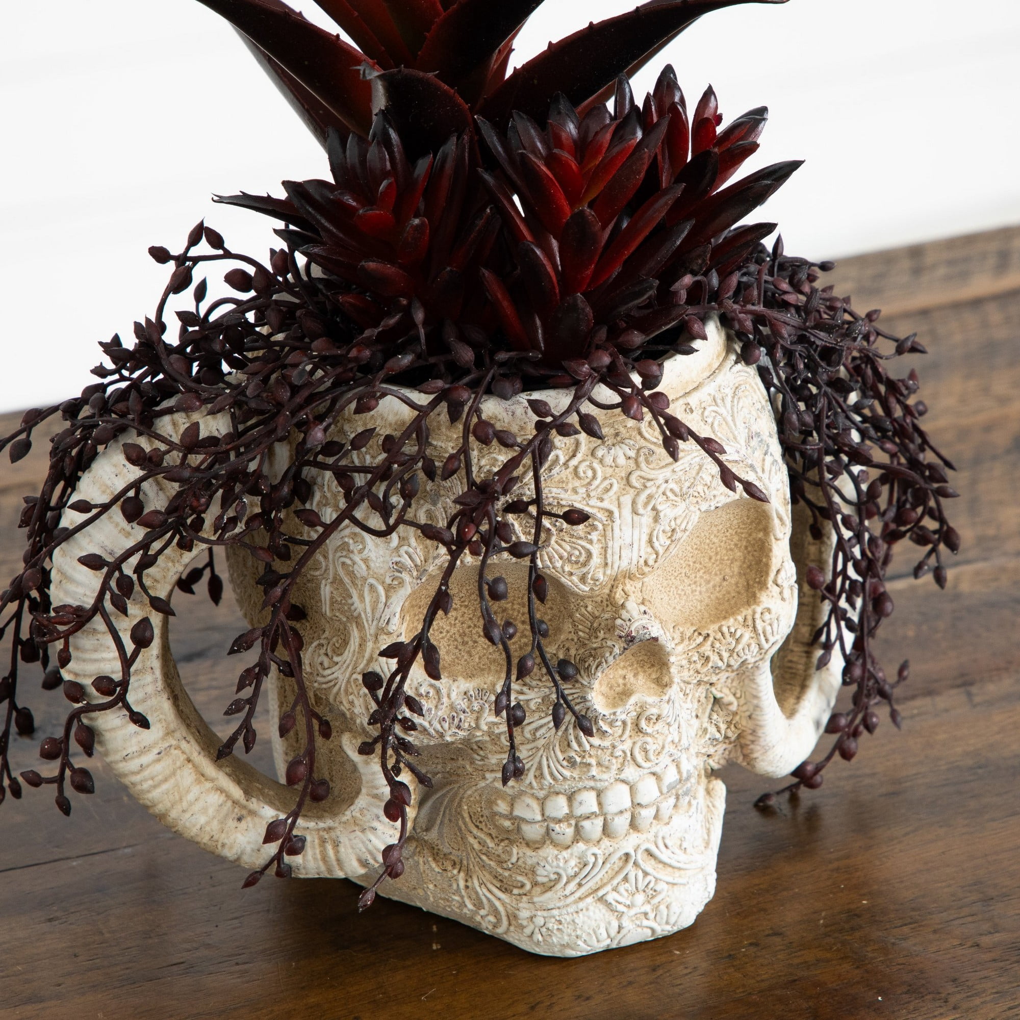 8in. Artificial Halloween Succulent Garden in Horned Skull Planter