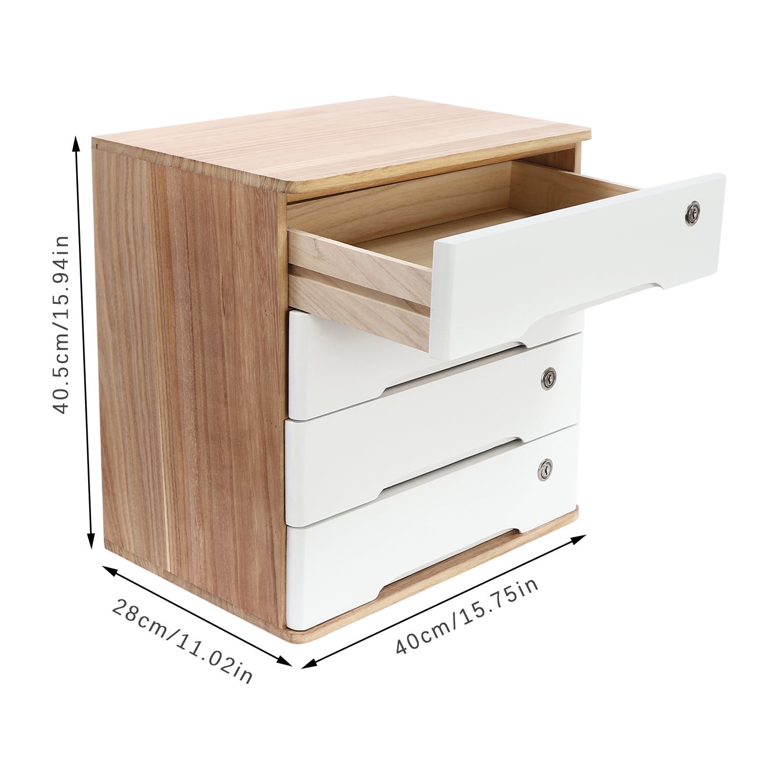 4 Tier Wooden Desktop Storage Box with Lockable Drawers, Office Supplies File Organizer, Art Storage Cabinets, Multipurpose Tool Box for Home Office(Wood Color + White)