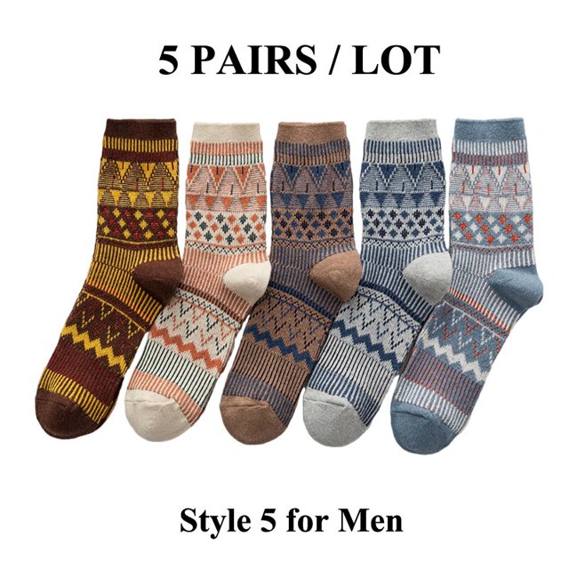 Calcetines cálidos de invierno para hombre y mujer, medias de punto doble, Jacquard, Estilo Vintage, gruesos, elásticos, cómodos, 5 pares