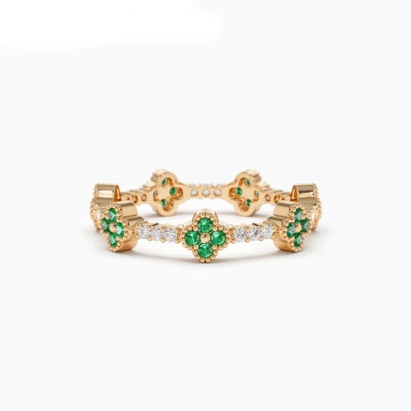 Round Cut Lab-Created Emerald & Moissanite, Full Eternity Clover Pave Wedding Band Ring – 925 Sterling Silver, Pave Set for Women, Anniversary & Engagement Jewelry