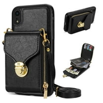 for iPhone XR Case Wallet with Shoulder Strap for Women - Crossbody Lanyard,Zipper Pocket,Credit Card Holder,Shockproof - Metal Buckle Closure Premium PU Leather Case for iPhone XR, Black