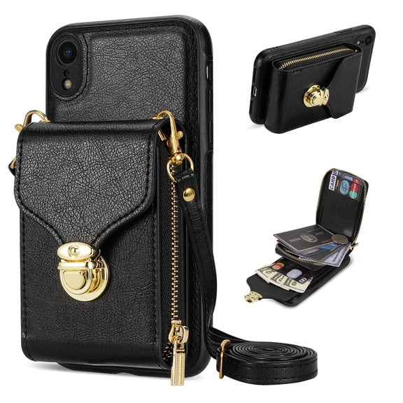 Nalacover Wallet Case for Apple iPhone XR,with Removable Adjustable Shoulder Strap,PU Leather Back Zipper Pocket Card Holder Stand Purse Shockproof Phone Case for Women Men,Black