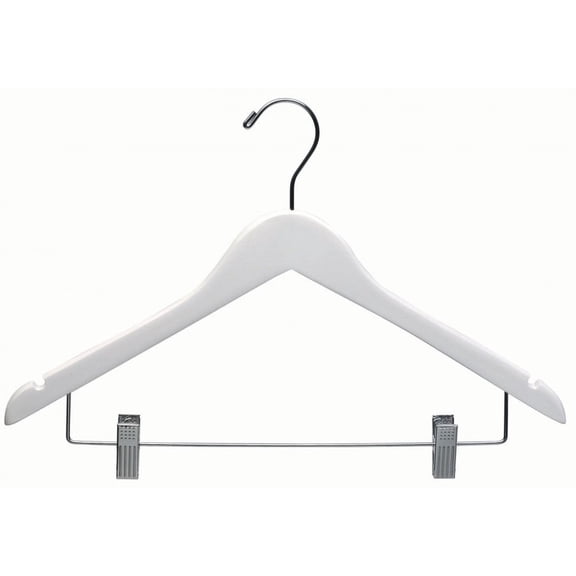 White Wood Combo Hanger w/ Cushion Clips, Box of 25 Space Saving 17 Inch Flat Wooden Hangers w/ Chrome Swivel Hook & Notches for Shirt Jacket or Dress by International Hanger