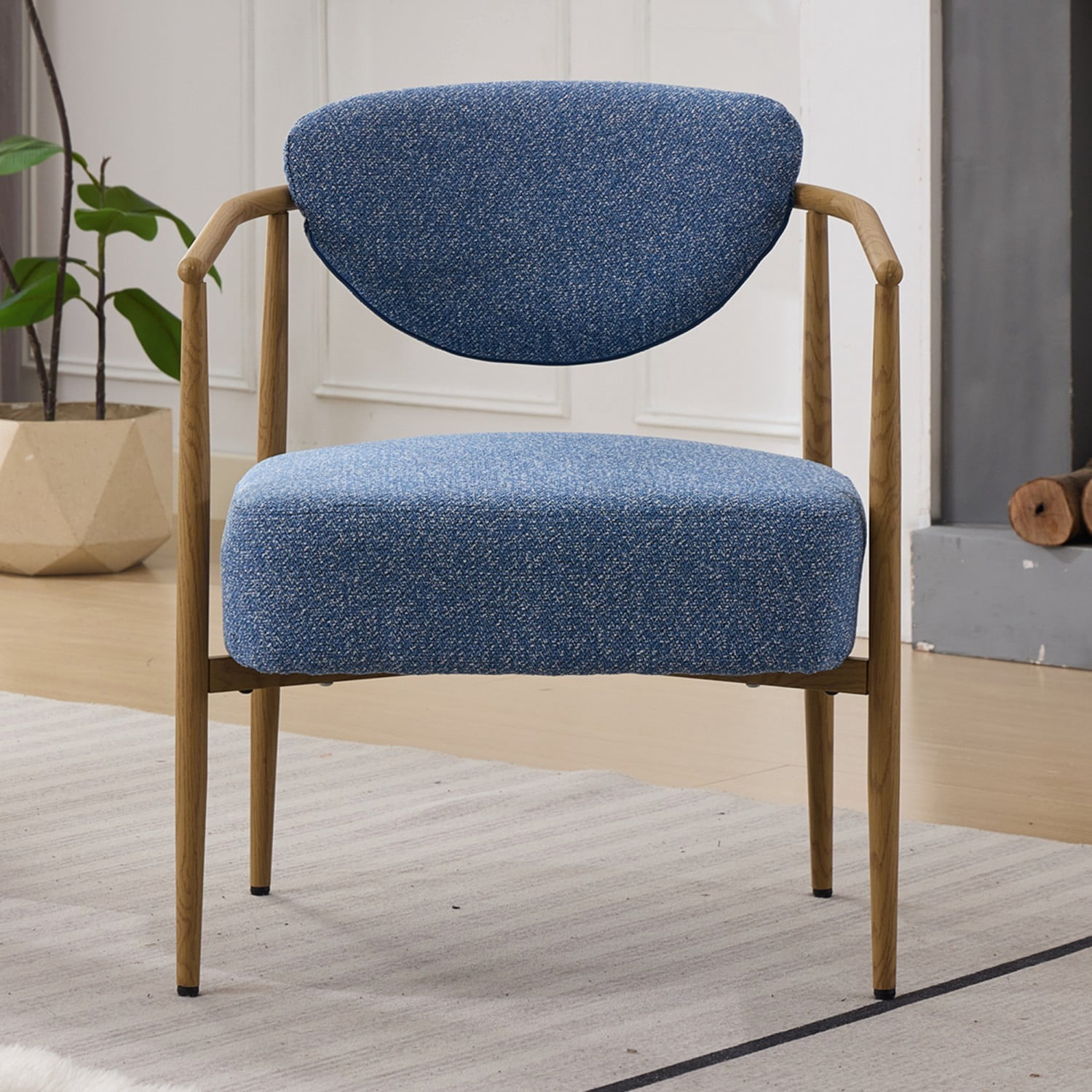 Blue Velvet Dining Chair Living Room Chair Upholstered Foam Seat Accent Chair with Metal Frame Wood Grain Water Transfer Finish for Bedroom Dining Room Cafe