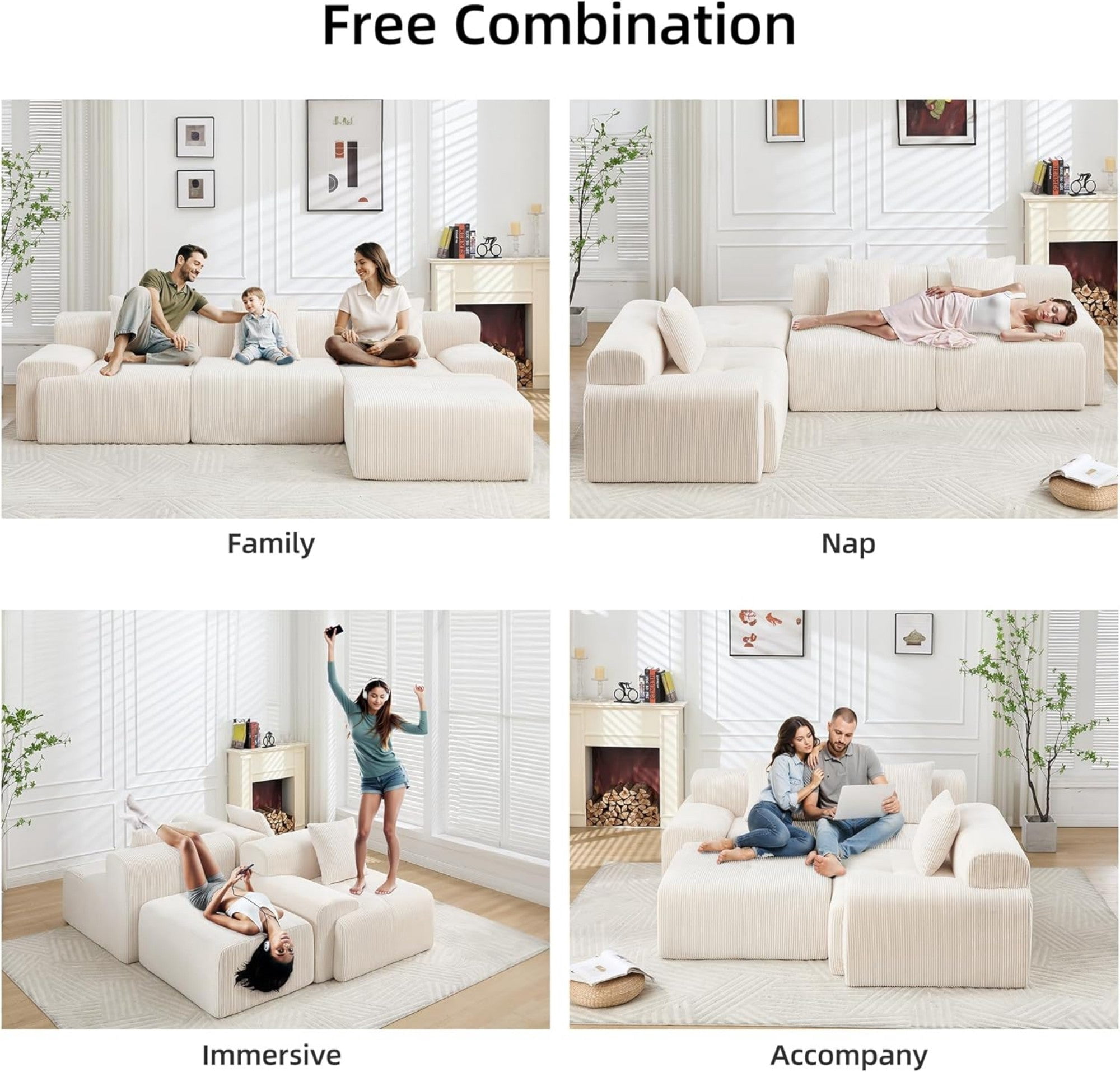 Sailvan 118"" Modern L-Shaped Modular Sectional Sofa, Corduroy Boneless Cloud Couch with Deep Seat and Moveable Ottoman, No Assembly Required