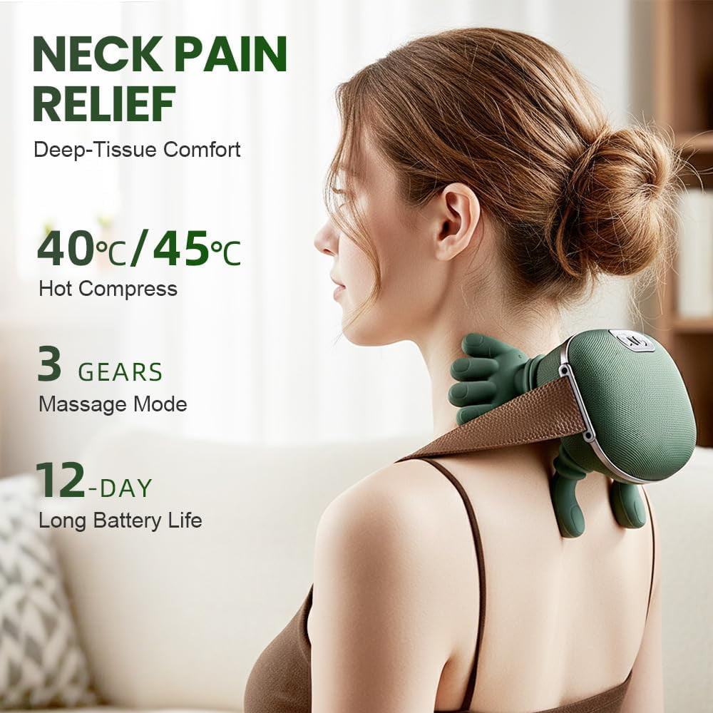 Bionic Hand Heating Neck & Shoulder Massager, Shiatsu Kneading Massage with Adjustable Heat for Home and Office Relaxation