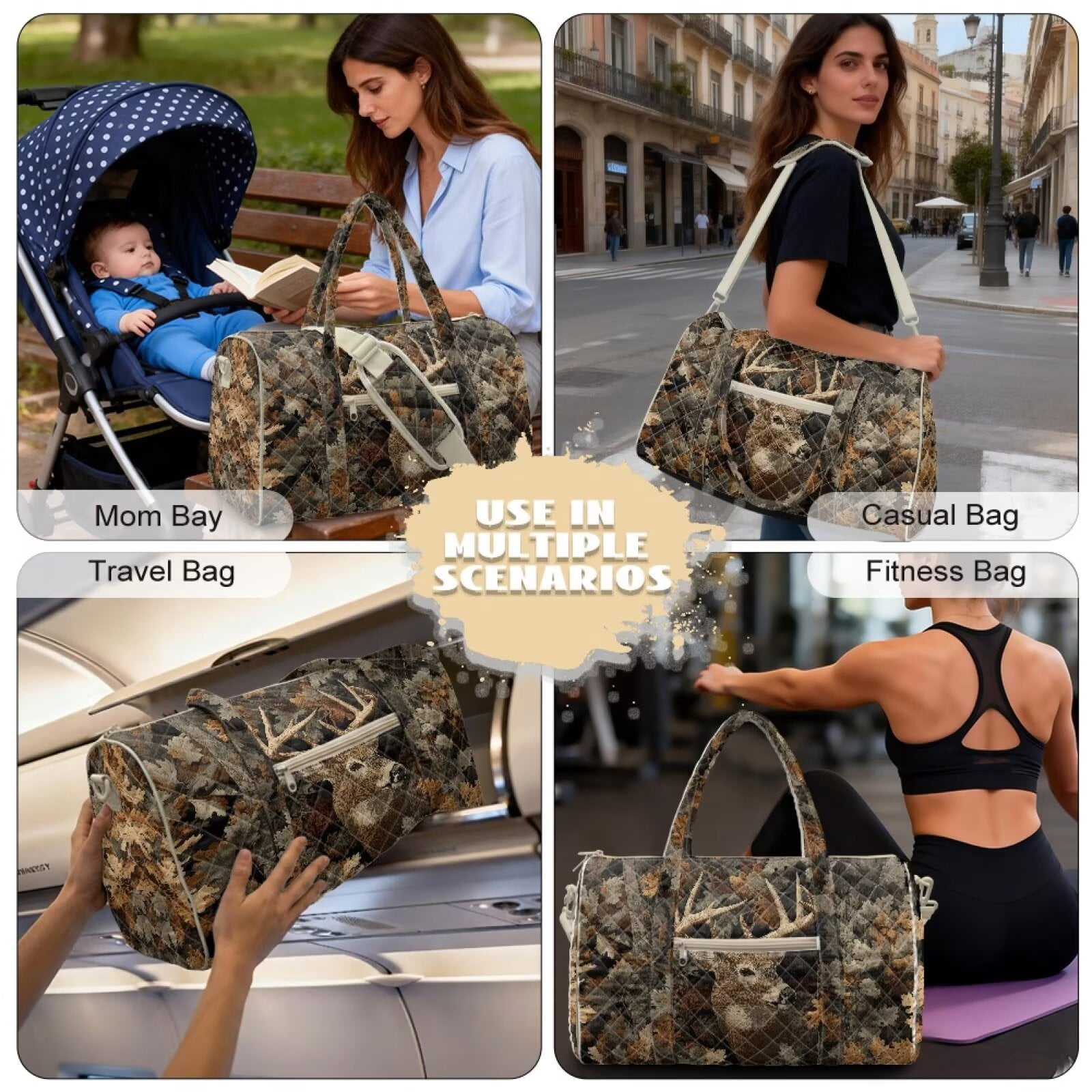 Garronmavis Deer Forest Print Large Quilted Duffle Bag for Women, Weekender Travel Bag Carry On Tote with Zipper Pockets, Gym Dance Overnight Bag with Luggage Sleeve