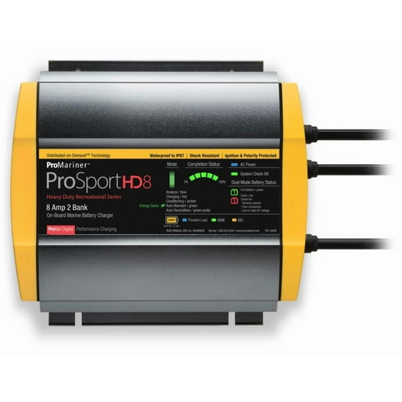 Pro Mariner Battery Charger 44008 ProSportHD8; For 12 Volt/24 Volt Marine Batteries; 2 Bank Charger; 120 Volt Power Supply; 5 Step Fully Automatic; 8 Amp Charging Current; Waterproof