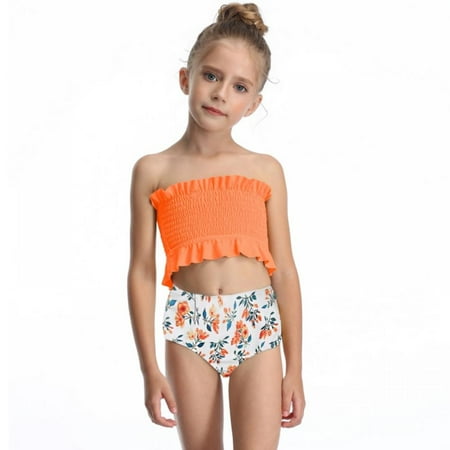 

Savlot Children Girls 2pcs Split Swimwear Set Sleeveless Vest Cropped Top + High Waist Beach Flower Shorts Sleeveless Tankini Bikini Set