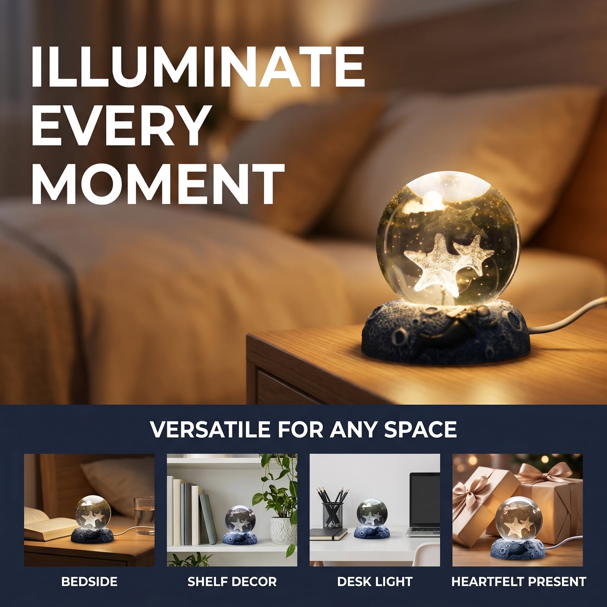 Unique Bargains Glowing Crystal Ball Figurine 3D Glass Ornament with LED Light Base Beige Style D 2.4"x2.4"x3.1"