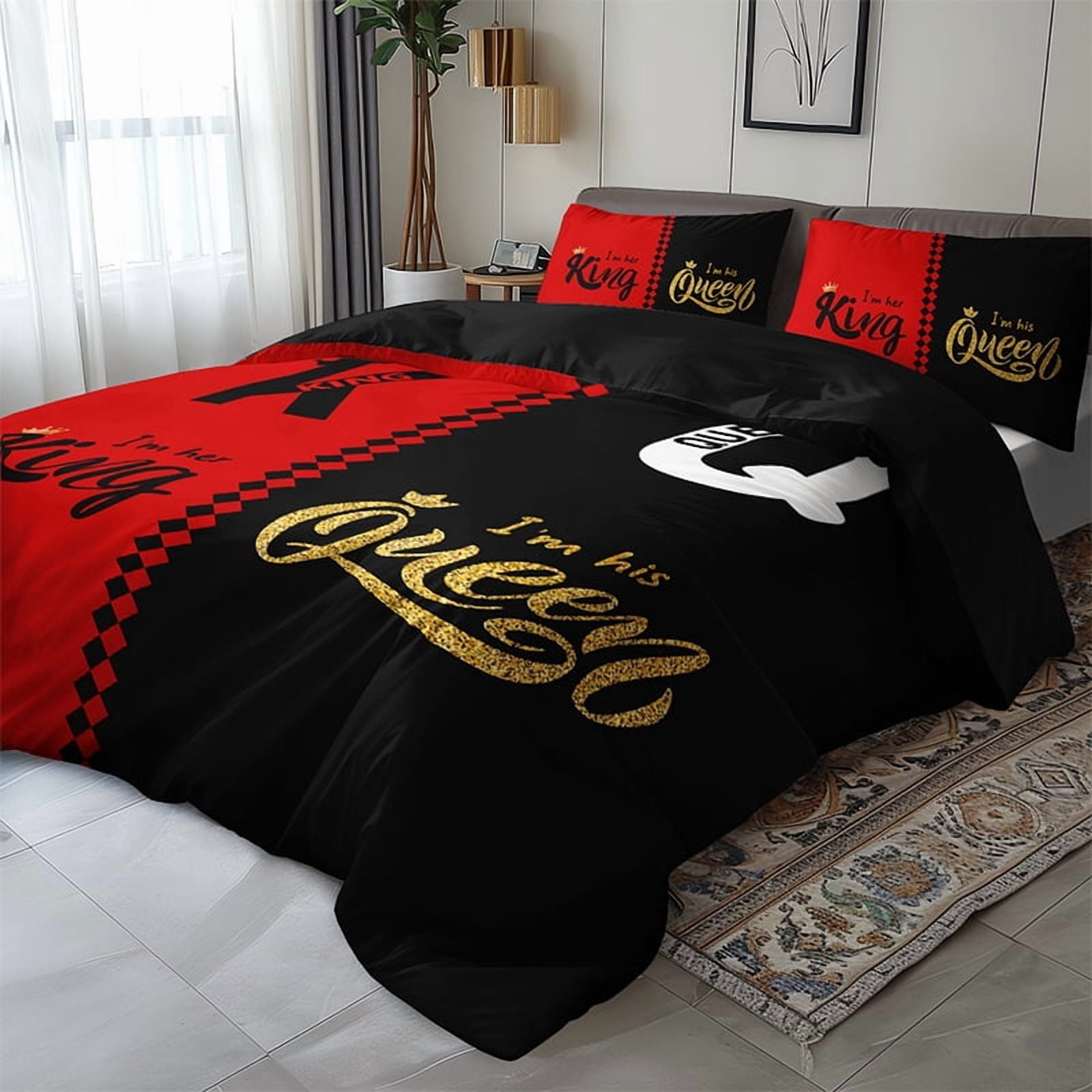 3PCS Duvet cover Set The soft (1 Duvet cover + 2 Pillowcases without Pillow covers), Features high-definition digital printing of crown and letter patterns in a stylish black and gray color scheme.