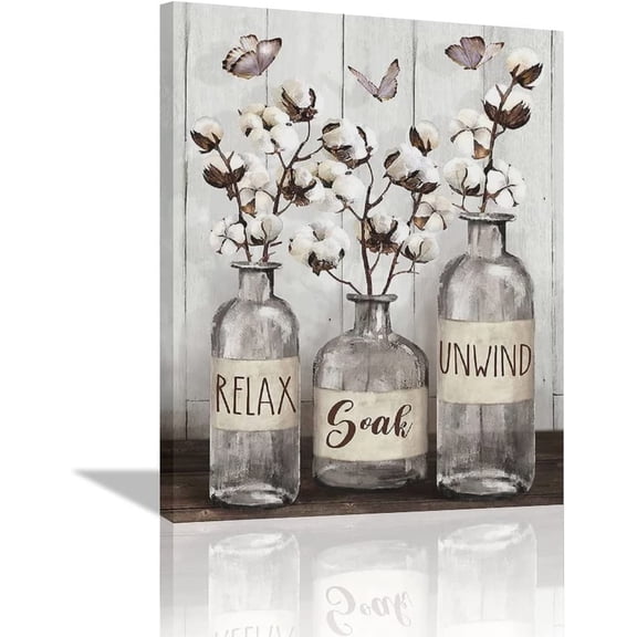 Farmhouse Bathroom Wall Art, Rustic Grey Jar Canvas Prints with Relax Soak Unwind Quote, Country Style Modern Bathroom Decor Painting, Vertical Framed Wall Picture for Restroom Bedroom Kitchen Home