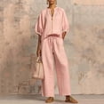 thumbnail image 2 of Women’s 2 Piece Cotton Linen Set, Half Sleeve Zipper Top and Wide Leg Pants 2026 Casual ummer Matching Outfit Pink L, 2 of 4