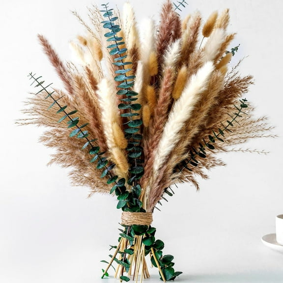 GoXteam 110pcs Dried Pampas Grass Boho Bouquet, Exquisite Eucalyptus Dried Flower Arrangements for Western Boho Decor, Rustic Flowers for Your Bohemian Home, Bedroom, and Wedding Table Décor