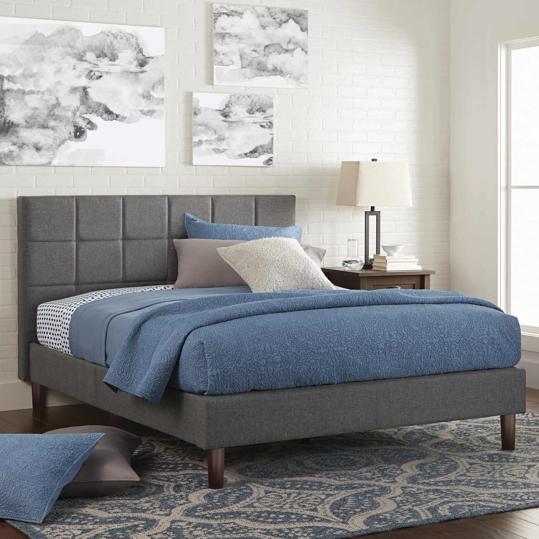 Grey Kteam Full Size Modern Wood Platform Bed with headboard No Box Spring Needed Wood Support Platform Bed