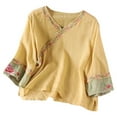 thumbnail image 2 of Vintage Embroidered T Shirts for Women 2026 Summer Casual Elbow Sleeve V Neck Cotton Linen Tee Shirt, 2 of 4