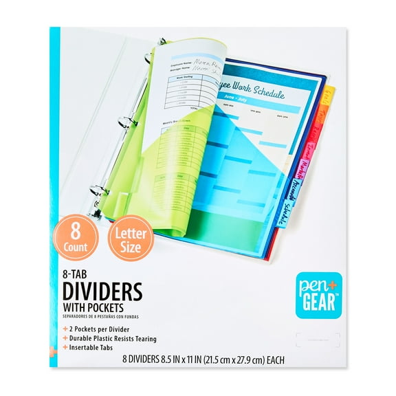 Pen + Gear Vibrant Color 8-Tab Dividers with Pockets, Regular