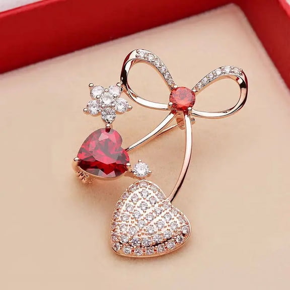 Elegant 18K Golden Plated Heart-Shaped Brooch - Red Zirconia and Artificial Rhinestone Accents - Perfect for Valentine's Day Gift and Autumn Season