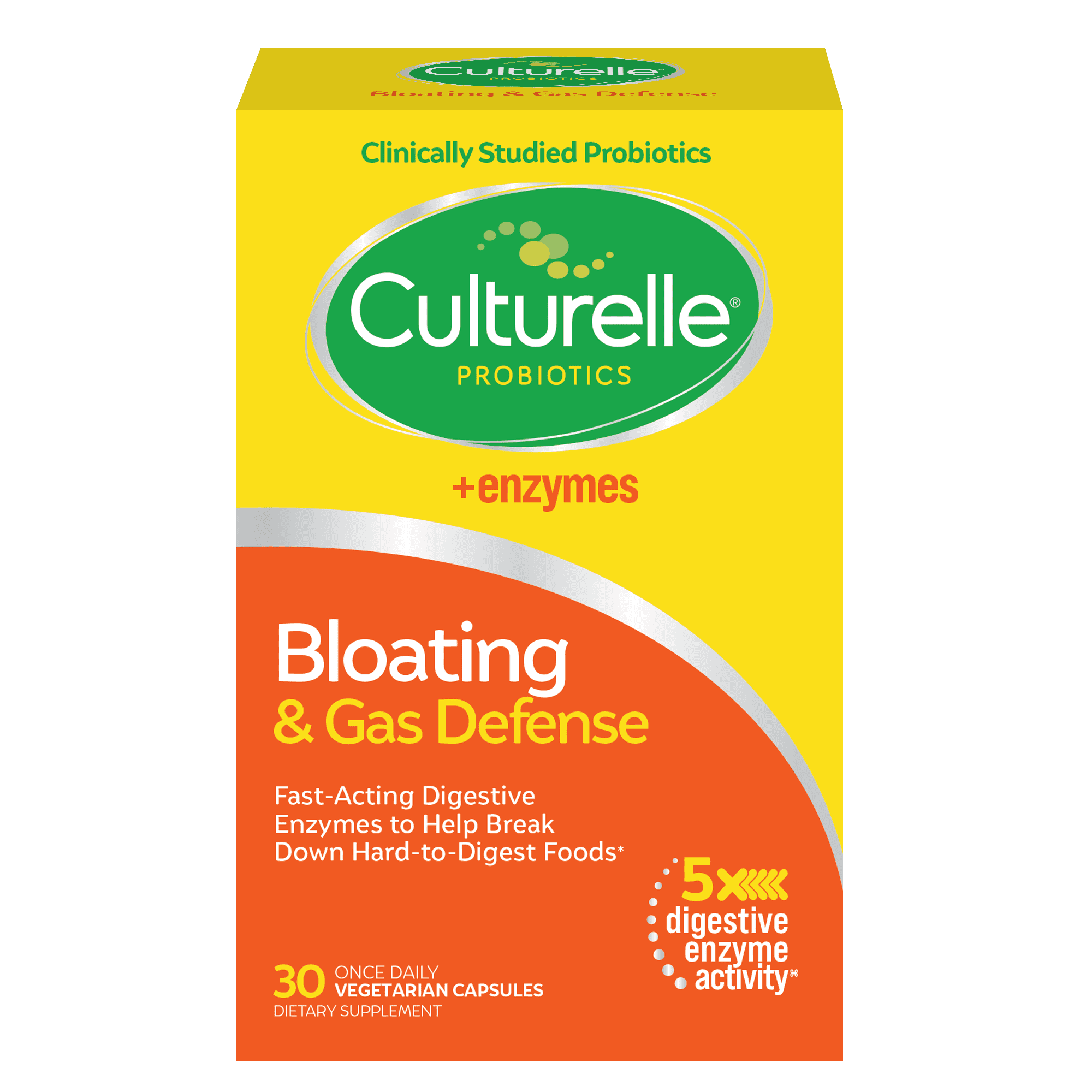 Culturelle Probiotics + Enzymes Bloating and Gas Defense Supplement, Relieves Indigestion for Adults, 30 Count