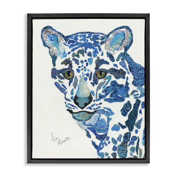 Stupell Industries Eclectic Clouded Leopard Collaged Blue Patterns Wildlife Animal Black Floating Frame Canvas Art, 17 x 21, by Lisa Morales