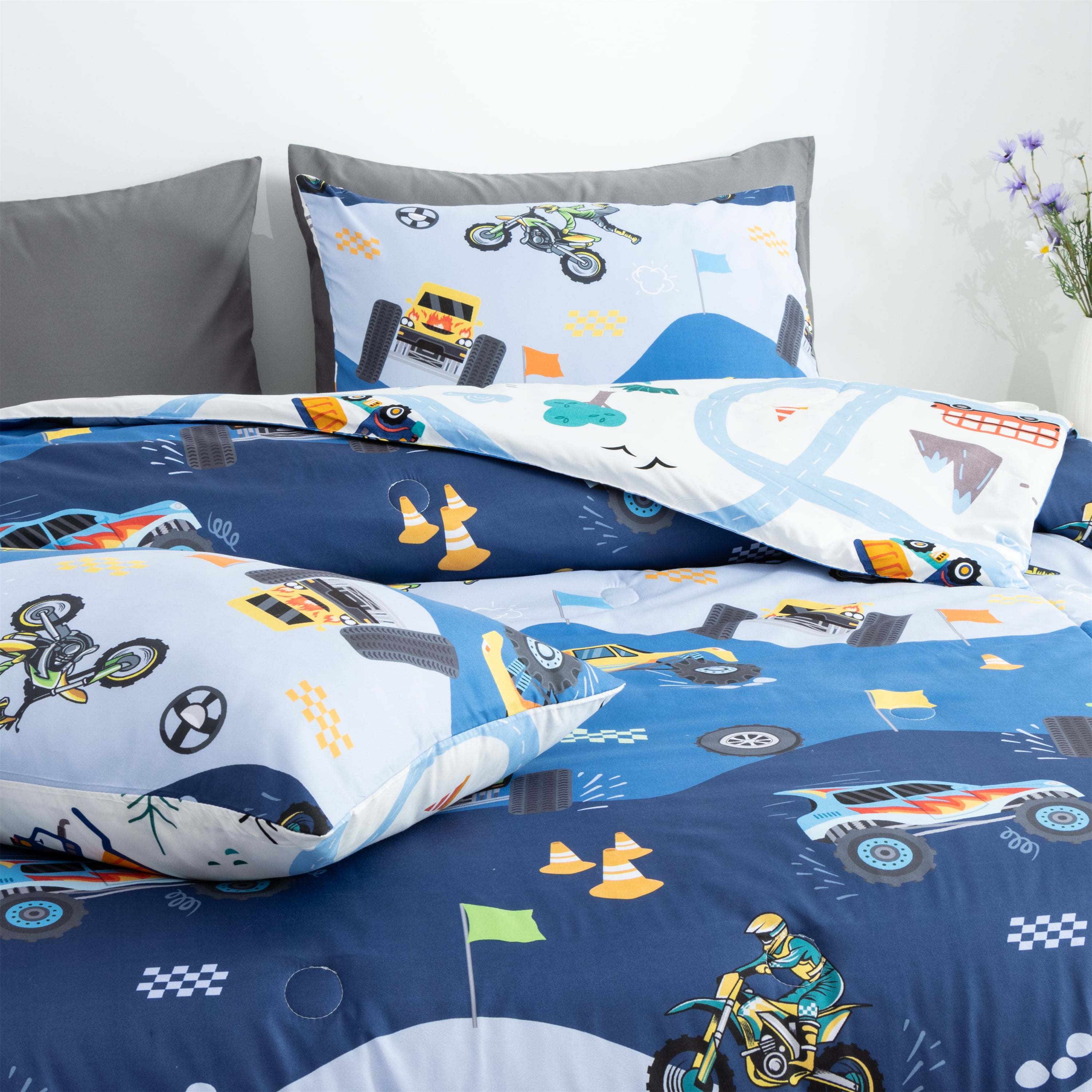 Btargot 3Pcs Reversible Cartoon Car Kids Off-Road Vehicle Comforter Set Full Race Car Motorcycle Construction Truck Bedding Set for Car Fans Boys Blue