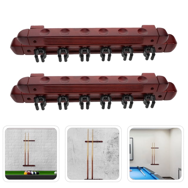 RENACLIPY 2Sets Dark Red Wall Mounted Billiard Cue Rack 6 Slot Wooden Pool Stick Storage