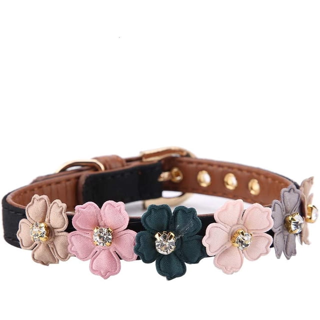 Collar para mascotas con decoración floral, ajustable, de cuero sintético PU, para perros y gatos, tanto pequeños como medianos (1,3 * 42 cm - Negro).