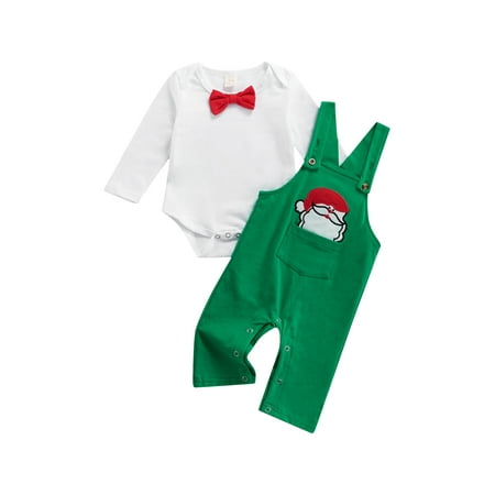

ZIYIXIN Newborn Infant Baby Boy Christmas Outfits Bow Tie Long Sleeve Romper + Suspender Pants Clothes Green 12-18 Months