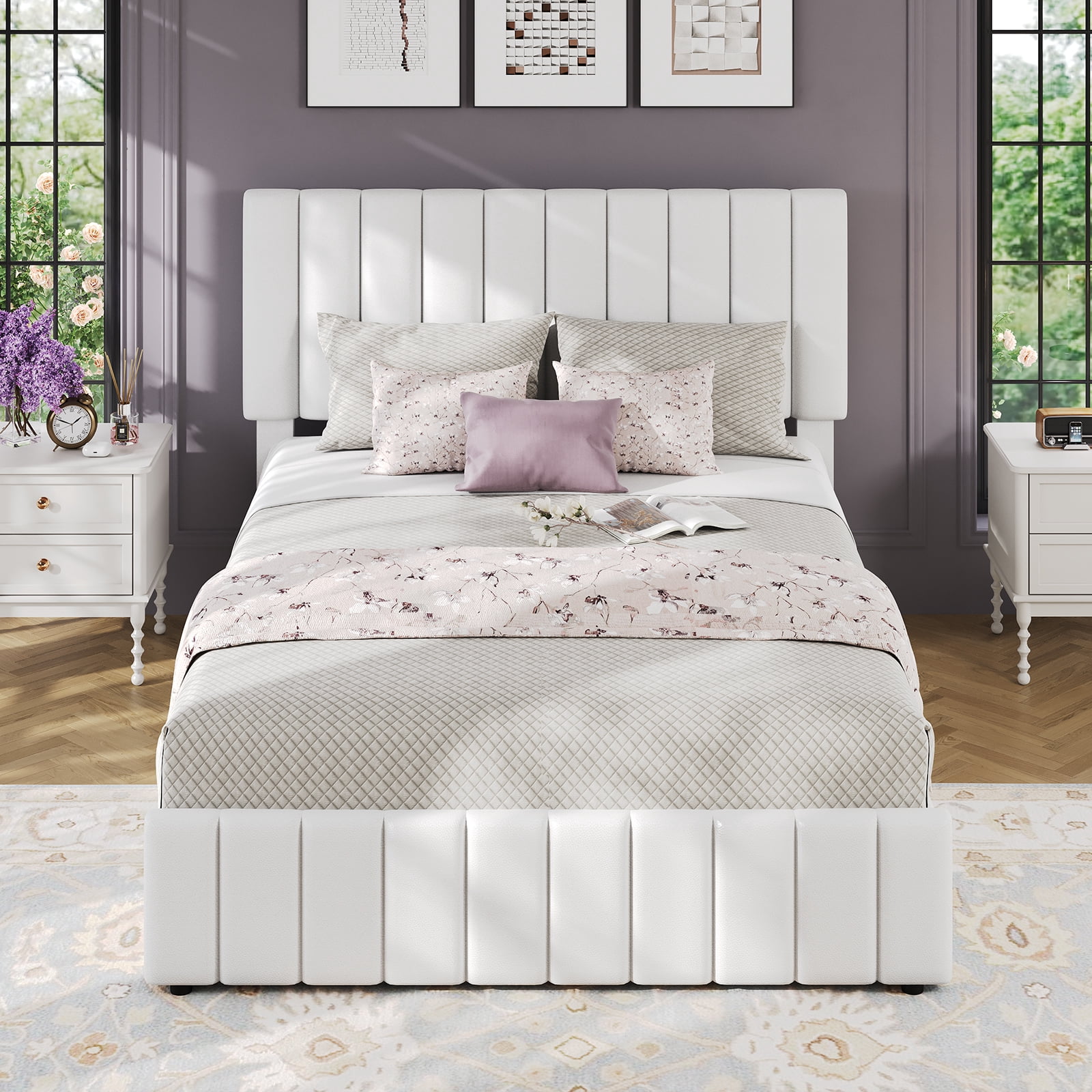 Festisoul Queen Size Bed Frame with 4 Storage Drawers, Linen Upholstered  Adjustable Headboard, No Box Spring Needed, White