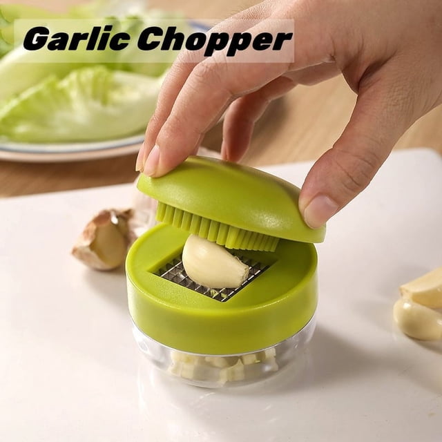 Picadora de ajo y molinillo de prensa | Picadora de ajo de mano | Cuchillas de acero inoxidable | Plástico verde | Utensilio de cocina compacto para acampar en casa | 1 Paquete