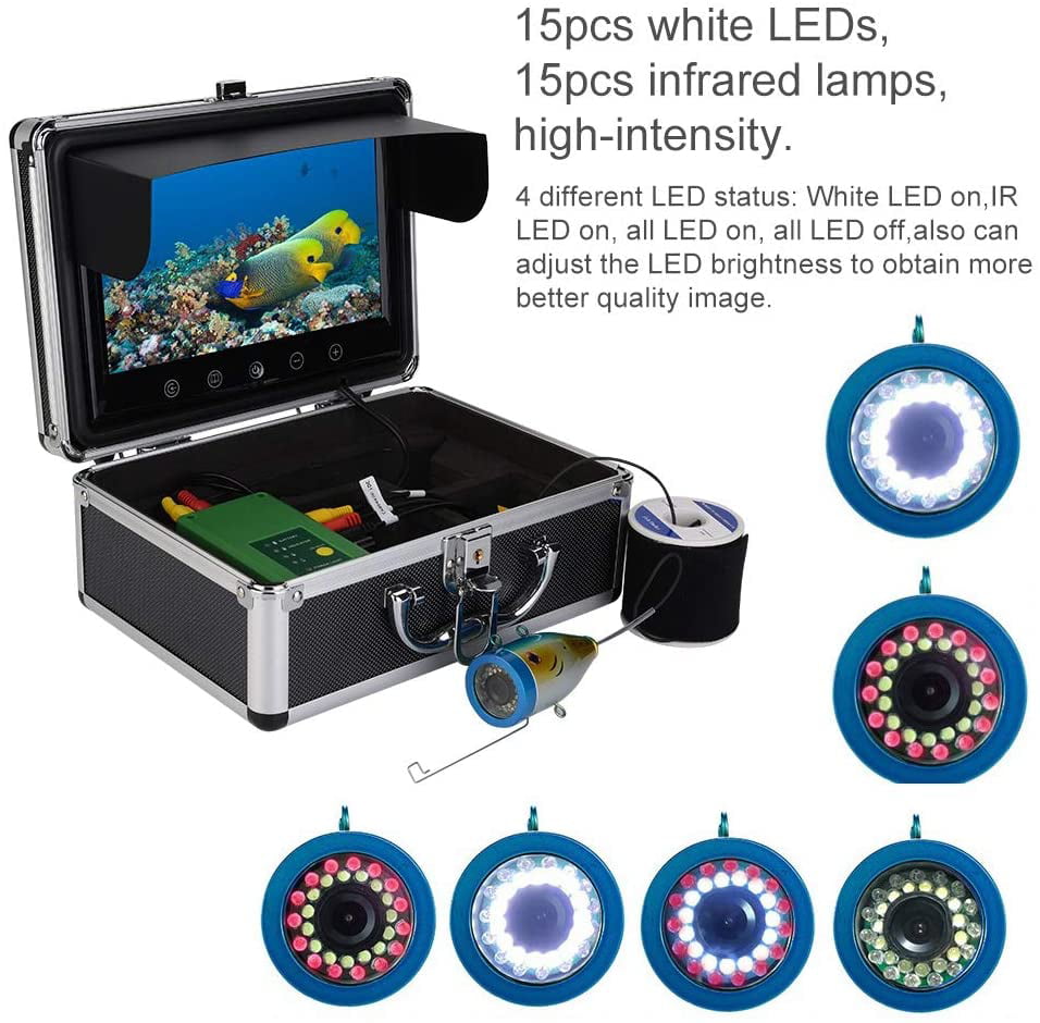 US Portable 9 inch LCD Waterproof Monitor HD 15PCS White LEDs and 15PCS Infrared Lamps 1000TVL 30M Deep-sea Probe VR Video Cam for Ice Sea Boat Lake Fishing Underwater Fish & Depth Finders Camera 
