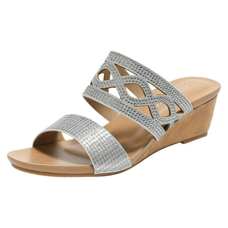 OJSFQUFP Women Shoes Casual Women Shoes with Rhinestones Fashionable Wedge Heels and Comfortable Women Sandals Womens Gift Silver 41