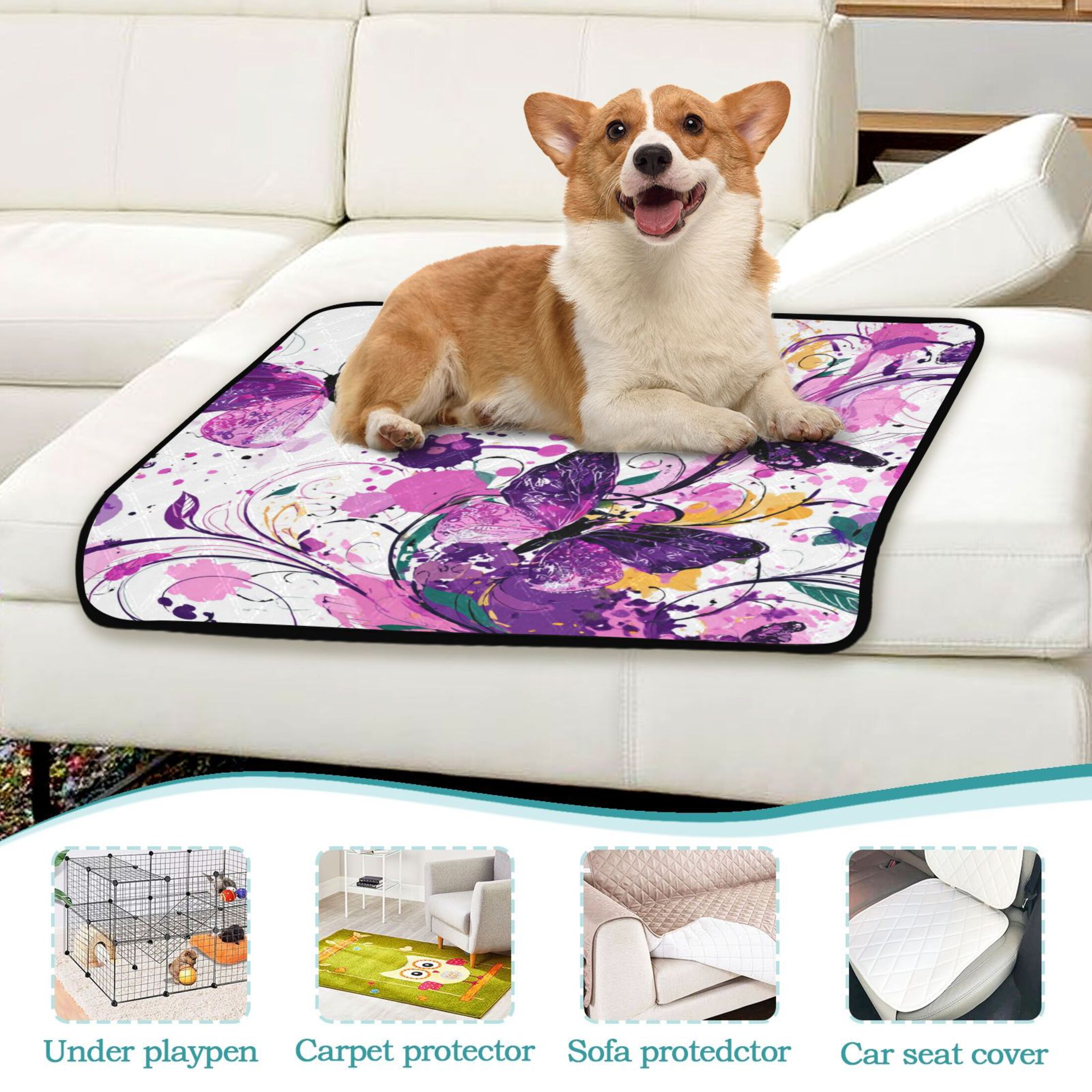 Washable Pet Pee Pads with Super Absorbent Reusable Training Pads for Dogs & Cats Purple Butterfly