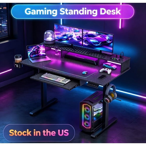 Sioweci Standing Desk with Shelf, 48 Inch Height Adjustable Desk with Keyboard Tray, Sit Stand up Table with Monitor Stand, USB Charging Port, Rgb Light Strip, Cup Holder, Headphone Hook