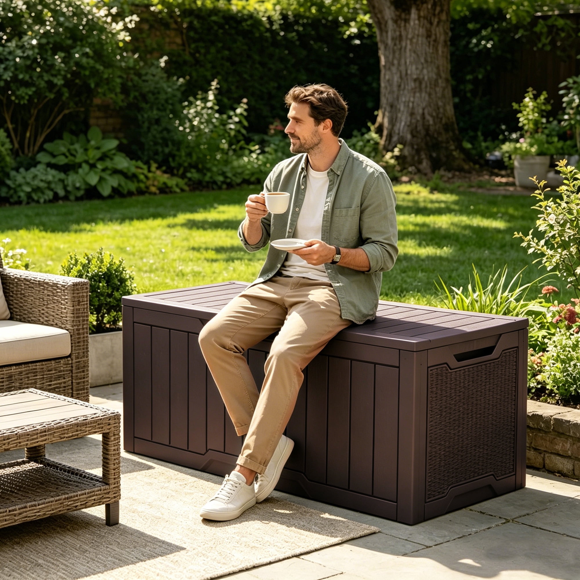 Uforic 100 Gallon Weatherproof Resin Deck Box, Lockable Outdoor Storage Container for Patio Cushions, Garden Tools and Pool Supplies, Dark Brown