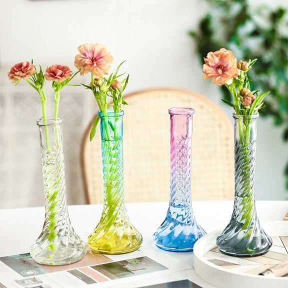 PSVFUJZ Small Mouth Glass Vase,Transparent Ribbed Hydroponic Foliage Container Decorative Tabletop Floral Arrangement Holder for Home Living Room Dining Table Office and Shelf Decor Use