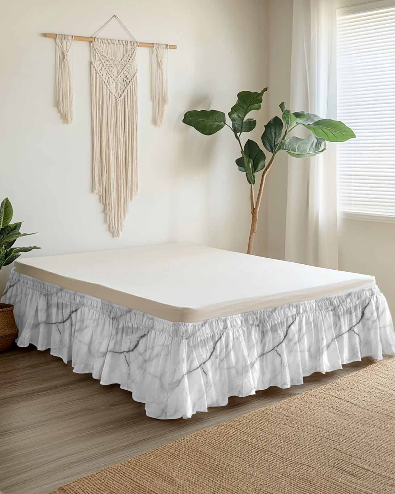 White Marble Wrap Around Bed Skirts for Queen Bed 16" Drop,Bed Skirt with Adjustable Elastic Belt Dust Ruffle Bed Valance for Bedroom Hotel Modern Geometric Abstract Minimalist Crack Bed Frame Cover
