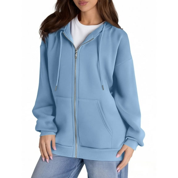 Mohiass Zip Up Hoodie Women Fleece Oversized Hoodies Y2k Hooded Sweatshirt Preppy Ladies Sweatshirts with Pockets Winter Jackets Light Blue L
