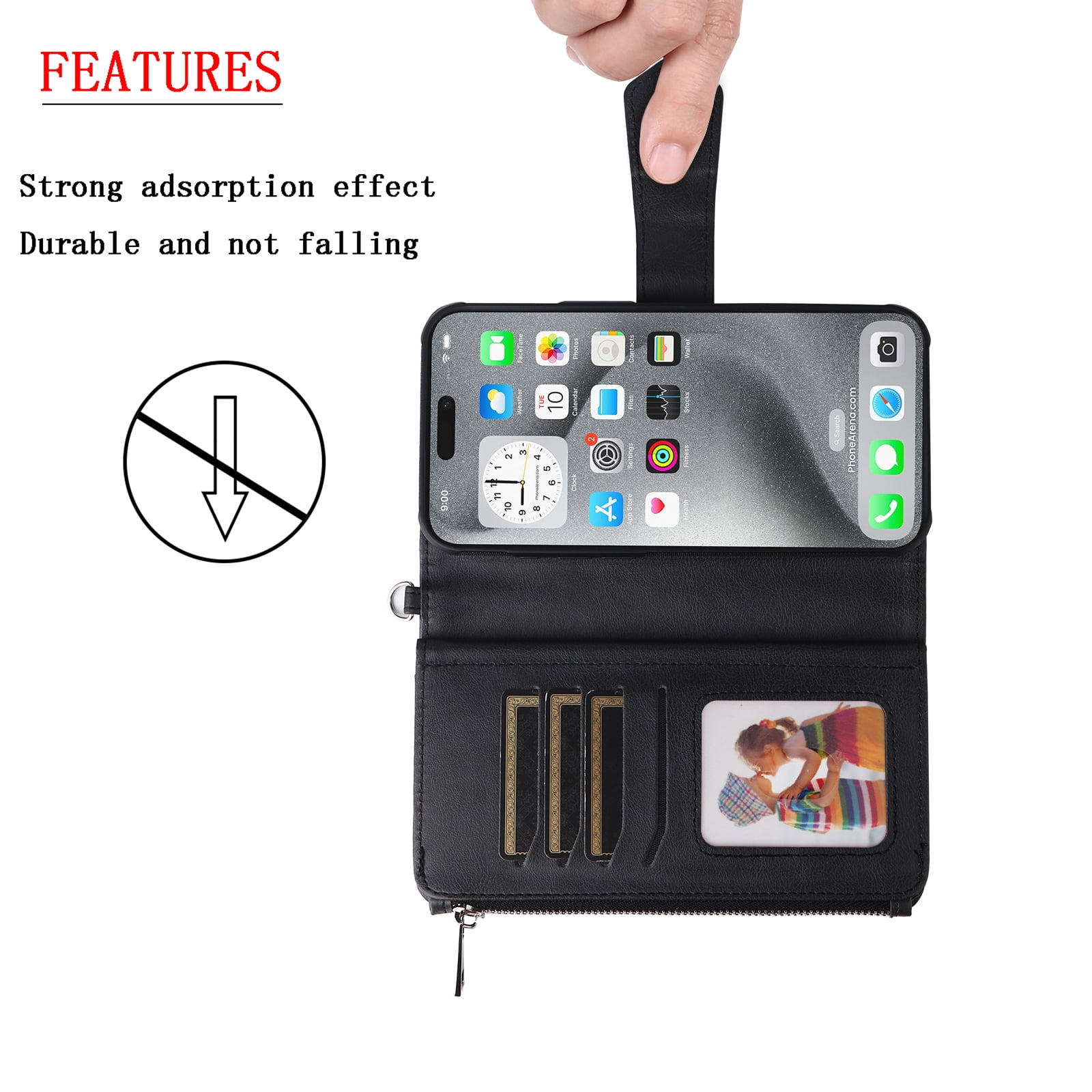 Dteck for iPhone 16 Wallet Case, 2 In 1 Detachable Protective Phone Case Women Men Kickstand flip Cover Wrist Strap Zipper Credit Card Holder Slots for iPhone 16,Black